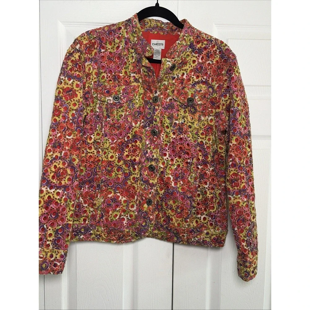 Chico's Embroidered Eyelet Trucker Jacket Womens Size 1 M Multicolor Cotton Boho